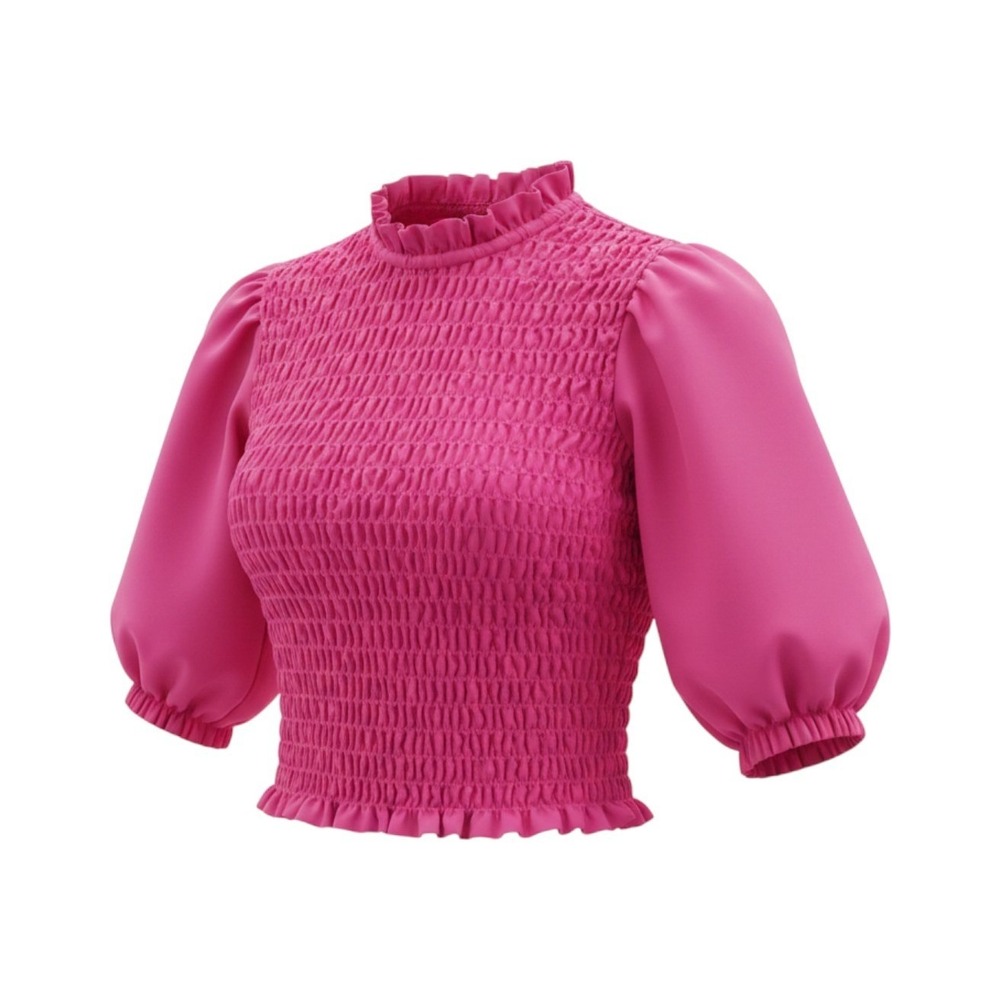 Pink Smocked Puff Sleeve Blouse XS Ruffle Mock Neck Boho Chic Milkmaid Coquette